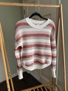 SO Striped Crewneck Sweater in Cream and Rust Pink